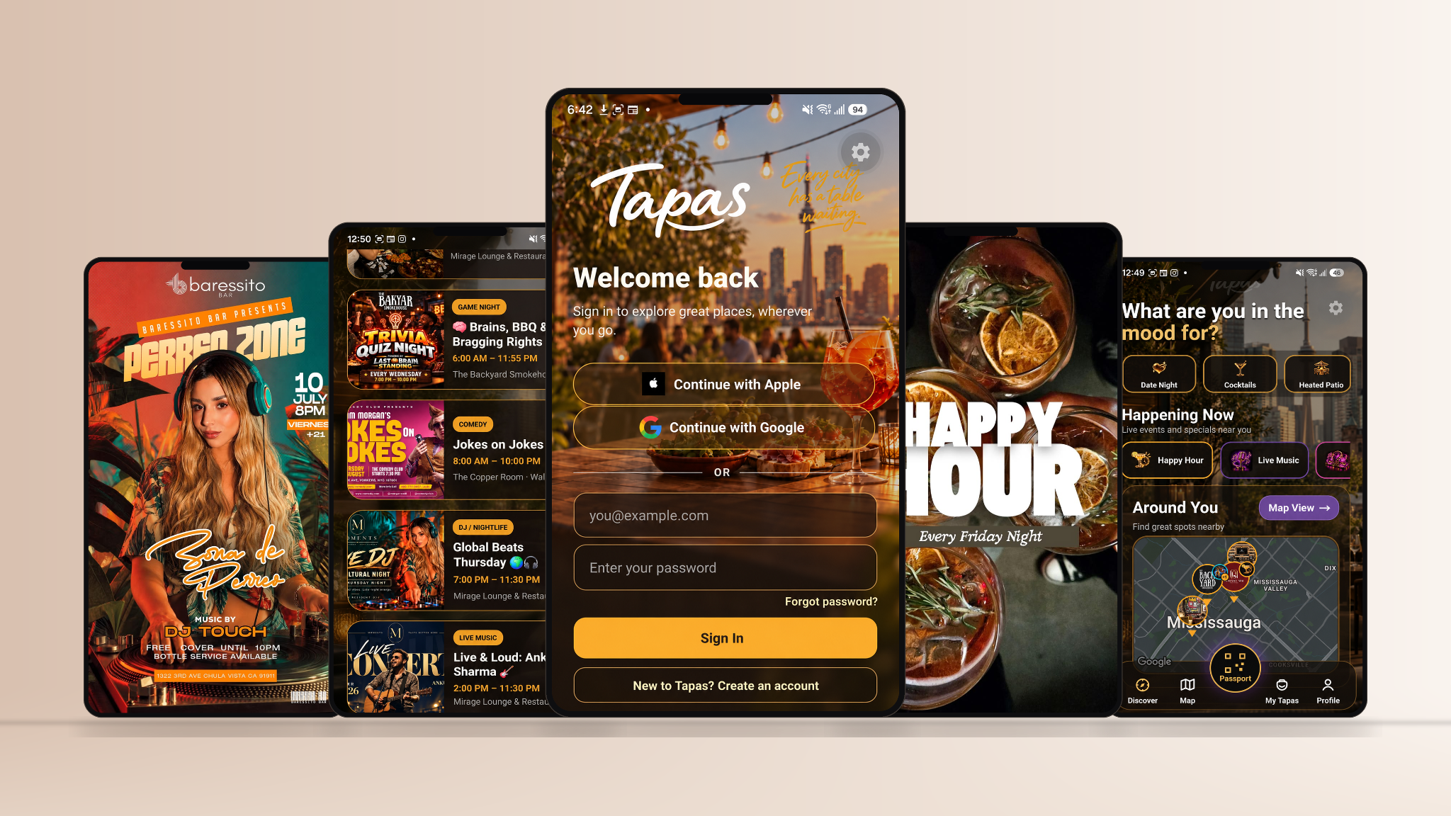 Five Tapas app screens on the original cream background